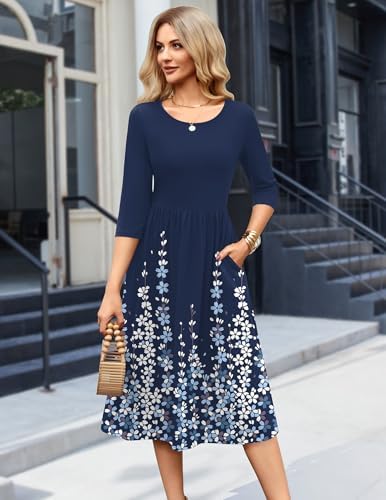 Zeagoo 3/4 Sleeve Women's Dress Casual Aline Summer Fall Midi Long Dresses