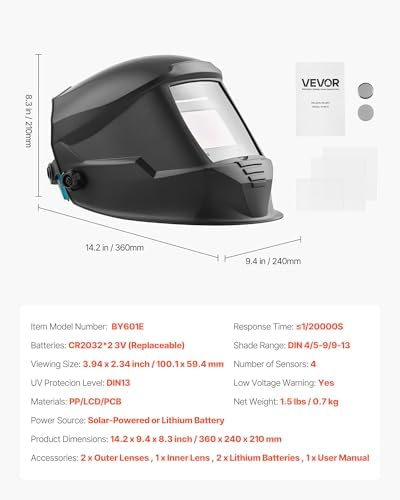 VEVOR Welding Helmet Auto Darkening, 3.94" x 2.34" True Color Welding Hood, Solar-Powered Welder Mask with 4 Arc Sensors, Wide Shade 4/5-9/9-13 for TIG MIG ARC Weld Grinding Cutting - METIS Series