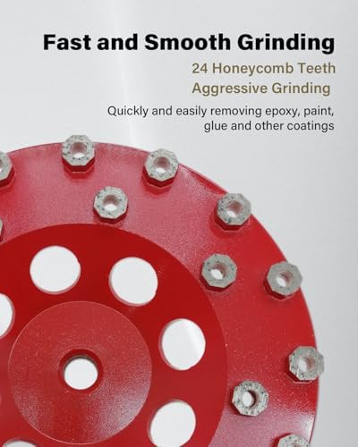 Diamond Grinding Cup Wheel for Hard Concrete Floor, Epoxy Coating Removal, 24 Aggressive Honeycomb Segments, 7 Inch 5/8”-11 Thread, 30/40 Grit