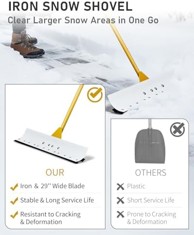Outvita Snow Pusher with D-Ring Handle Grip, 29 inch Wide Shovel, Yellow