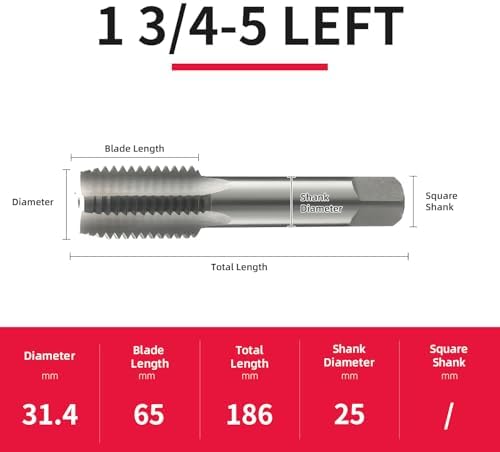 1 3/4-5 Left Hand Straight Flute Thread Tap Machine Tap HSS (High Speed Steel) Threading Tapping Repair Tools DRINYOUNG (1 3/4-5 Left)