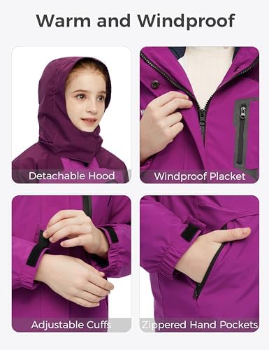 wantdo Girls' 3-in-1 Ski Jacket Windproof Winter Coat Hooded Raincoat