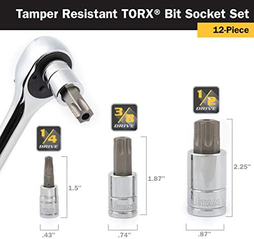 Titan 16121 12-Piece Tamper Resistant Torx Bit Socket Set, Magnetic Socket Organizer with Laser-Etched Size Markings