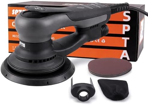 Electric 5mm Random Orbital Sander, SPTA 6Inch Brushless 350W 3A Palm Sander, Multi-function Variable Speed Electric Corded Orbital Sanders Machine with Sanding Pad, 10 Sanding Papers for Woodworking