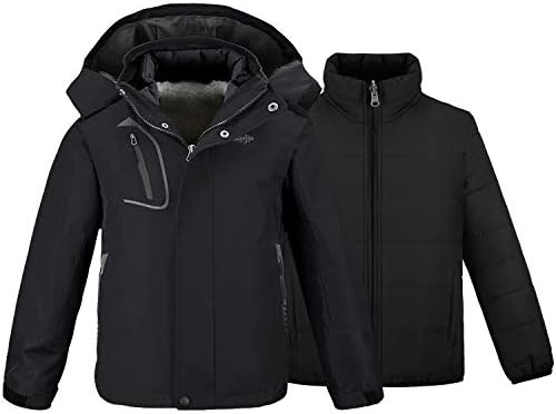 wantdo Boys' 3-in-1 Ski Jacket Fleece-Lined Winter Coat Hooded Raincoat