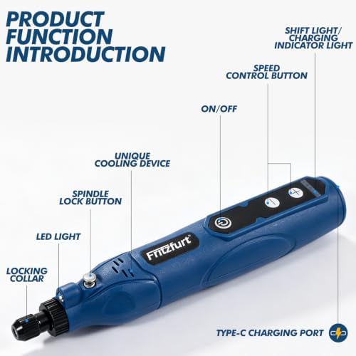 Cordless Rotary Tool Kit, 5-Speed USB Charging Rotary Tool with light & 72 Accessories, 3.7V 2000mAh Rechargeable, for Sanding, Polishing, Drilling, Etching, Engraving, DIY Crafts