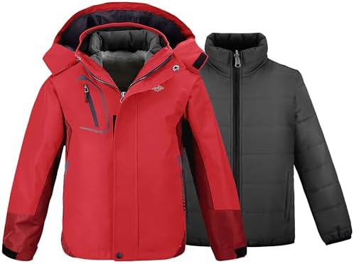 wantdo Boys' 3-in-1 Ski Jacket Fleece-Lined Winter Coat Hooded Raincoat