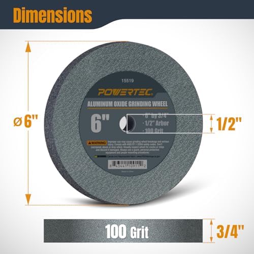 POWERTEC Bench Grinder Wheel 6 Inch 100 Grit, Aluminum Oxide Grinding Wheel for Bench Pedestal Grinder, 3/4" Thick 1/2" Arbor, Sharpening & Shaping Drill Bits, Blade, and Chisel 1PK (15519)
