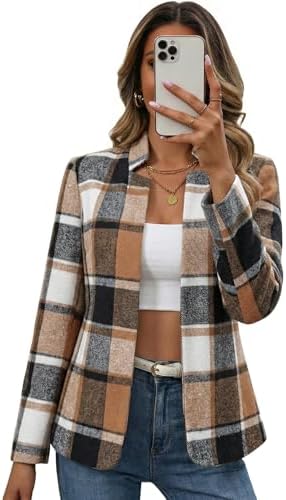 Mina Self 2026 Fall Women's Open Front Tweed Blazer,Plaid Fitted Jacket