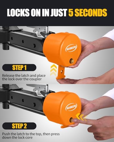 Heavy Duty Anti Theft Trailer Lock, Universal Fit 1-7/8", 2" and 2-5/16" Couplers, Reinforced Solid Steel Tow Lock for Trailer Tongue, Hitch Lock for RV, Cargo, Boat, Camper, Utility (Orange)