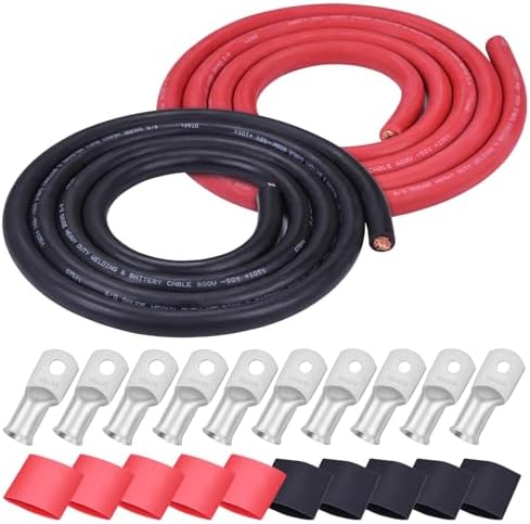 iGreely 4/0 Gauge 4/0 AWG Wire 10 Ft Black+10 Ft Red Flexible Welding Battery Copper Cable for Auto Solar Marine Truck Inverter,5pcs 5/16""&5pcs 3/8"" Copper Terminal Cable Lugs+Heat Shrink Tubing