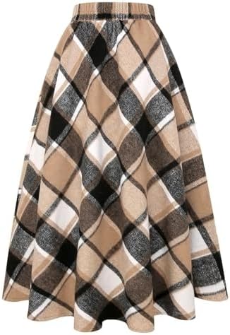 IDEALSANXUN Womens Plaid Wool Skirts Elastic Waist A-Line Pleated Tartan Long Skirts