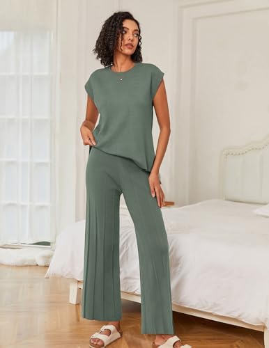 Ekouaer Lounge Sets for Women Two Piece Outfits Knit Cap Sleeve Tops Wide Leg Pleated Pants Casual Dressy Sweater Sets