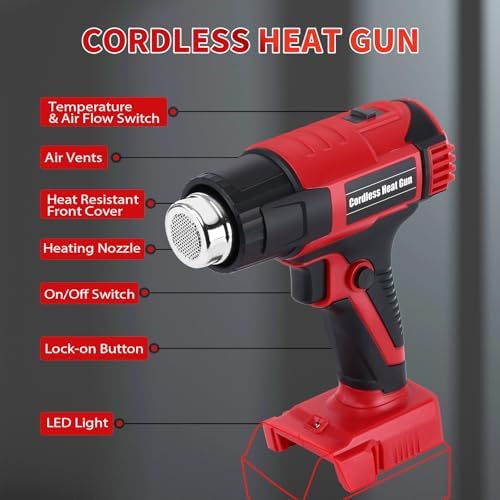 380W Cordless Heat Gun for Milwaukee M18 Battery Users – 572°F and 1022°F Dual Temp, Temp Lock, LED Light, 4 Nozzles, 4S Auto-Cool, Overheat Protection | Shrink Tubing, Vinyl Wrap, Electrical Work