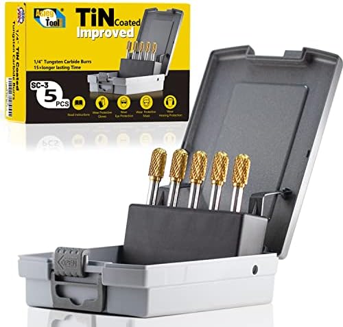 SC-3 5pcs Tungsten Carbide Burr TiN Rotary File Cylindrical Ball Nose End Shape Double Cut for Die Grinder Drill Bits 1/4'' Inch Shank and 3/8'' Inch Diameter of Cutter 3/4'' Inch Cutter Length