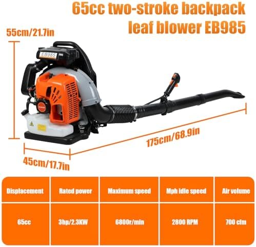 65cc Gas Powered Backpack Leaf Blower, 700 CFM & 200 MPH, Lightweight Handheld Leaf Blower for Lawn Care, Snow & Dust Removal, 1.7L Fuel Tank Orange