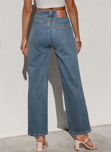 Sidefeel Women's Straight Leg Jeans High Waisted Stretchy Jeans Zimbaplatinum Wide Leg Ankle Denim Pants with Pockets