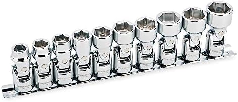 Powerbuilt 10 Piece 3/8 Inch Drive Metric Universal 6 Point Socket Set, 10–19 mm, Chrome Vanadium Steel, Mirror Polish, Z-Drive Grip, Easy Read Markings, Socket Rail – 641715