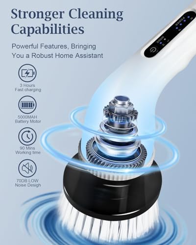 Electric Spin Scrubber, Shower Scrubber Cordless Cleaning Brush with 8 Replaceable Brush Heads and Squeegee，Adjustable Extension Handle 2 Speeds Electric Cleaning Brush for Bathroom, Tub, Tile，Kitchen