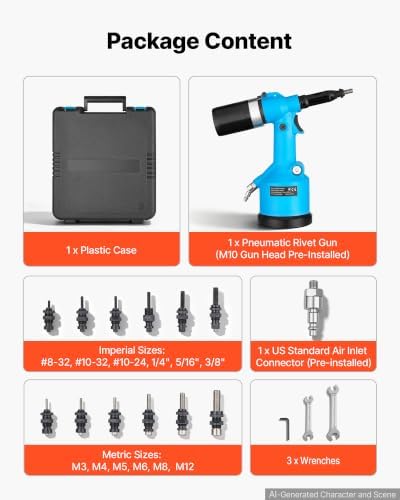 VEVOR Automatic Pneumatic Rivet Nut Gun Kit with 13PCS SAE & Metric Gun Heads, Industrial-Grade 5620LBS Pulling Force, Air Rivet Nut Tool for Automotive, Construction, Industrial Manufacturing