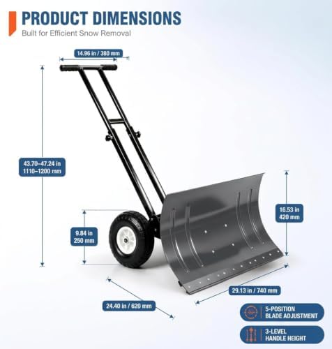 GarveeLife Wheeled Snow Shovel - 29in Steel Blade, 10in Wheels Gray/Black