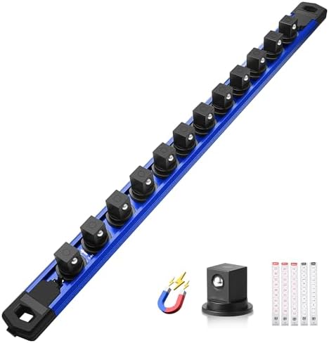 Reniteco Magnetic Socket Organizer, 1/2” Aluminum Alloy Rail, 12 Clips | Heavy-Duty Socket Rails, Removable 360° Swivel ABS Clips, Magnetic Base, Tool Box Drawer or Wall Mount