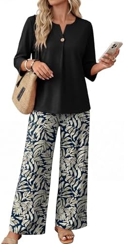 WIHOLL Two Piece Sets for Women 3/4 Length Sleeve Lounge Sets Summer Spring Vacation Travel Outfits Fashion Clothing