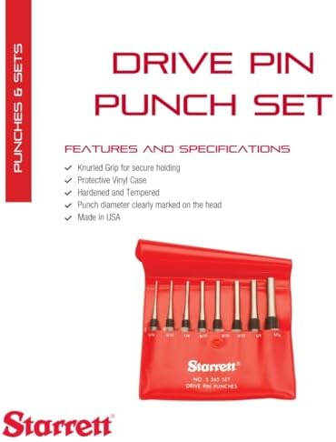 Starrett Drive Pin Punch Set, 8-Piece, 4" Length