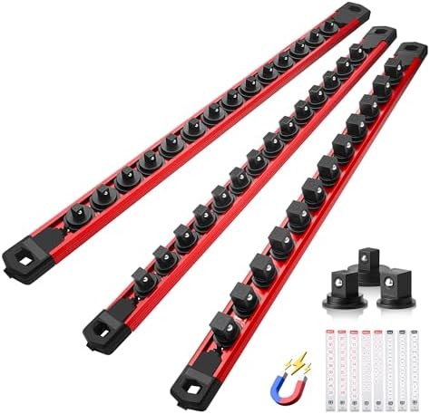 Reniteco Magnetic Socket Organizer Set, 3-Piece 1/2" 3/8" 1/4" Drive Aluminum Alloy Socket Holder with 40PC 360° Swivel Removable Clips, Magnetic Socket Rail for Tool Box Drawer, Red