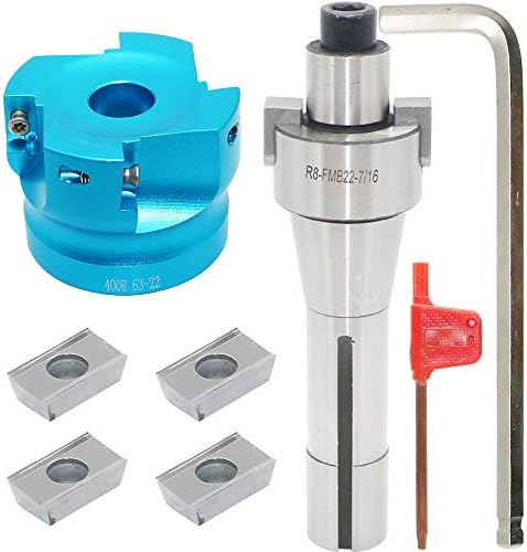 2.5 Inch Face Milling Cutter Aluminum 400R 63MM CNC End Milling Cutter Holder + R8-FMB22 Shank Face Shell Mill Arbor + 4pcs APKT1604 Carbide Inserts + 8mm Hexagon Wrench + T15 Wrench CNC Machine Tools
