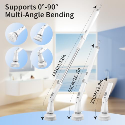 Electric Spin Scrubber, 8 in 1 LED Electric Scrubber for Cleaning, 90 Mins Long Runtime IPX6 Waterproof & 52" Extendable Handle for Deep Clean Bathroom Grout, Tile and Kitchen