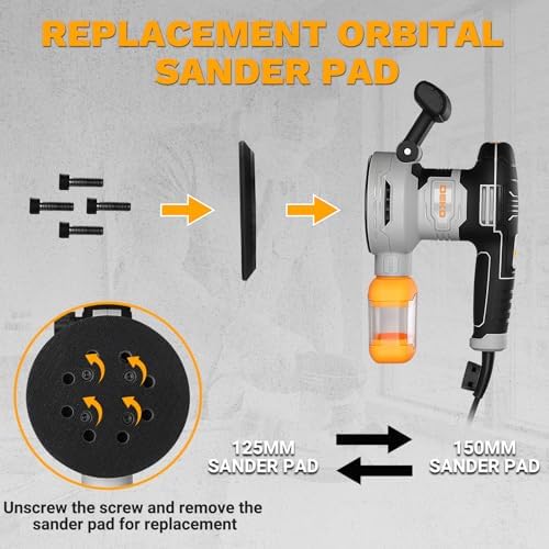 Random Orbital Sander: DEKOPRO 4.5A Corded Electric Sander Palm Sanders, 6 Various Speeds Hand Sander with Replaceable Sander Pad, Dust Box, 31Pcs Sandpapers for Woodworking & Sanding