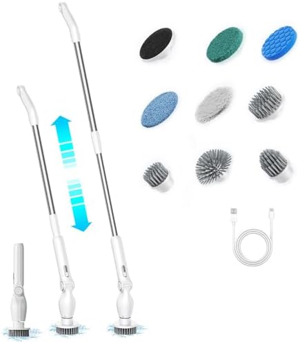 9-in-1 Electric Spin Scrubber with 9 Brush Heads Cordless Cleaning Brush Scrubber Adjustable Angle IPX5 LED Digital Display Screen Shower Cleaning Brush for Home Bathroom Kitchen (White)
