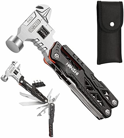 HANSHI Upgraded Adjustable Wrench Multitool Hammer with YG10 Tungsten Steel Replaceable Wire Cutters for Men,18 in 1 Pocket Multi Tool Knife with Spring-Action Pliers for Camping,Survival (Black)