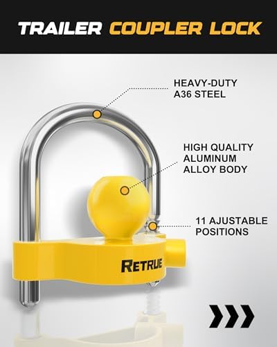 RETRUE Universal Coupler Lock Trailer Locks Ball Hitch Trailer Hitch Lock Adjustable Security Heavy-Duty Steel Fits 1-7/8 Inch, 2 Inch, 2-5/16 Inch Couplers, Bright Yellow, Light Weight (Pack of 2)