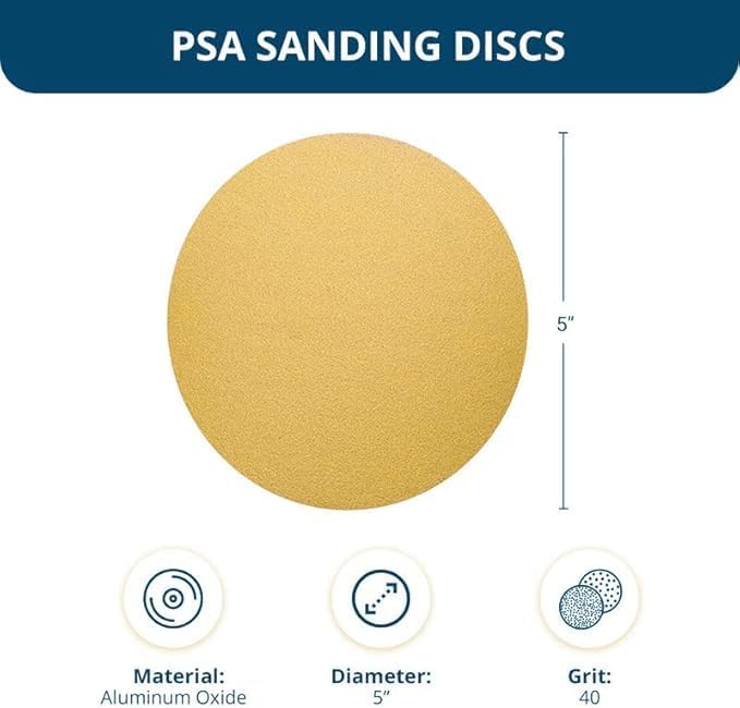 Benchmark Abrasives PSA Gold 5 Inch Self Adhesive Sanding Discs w/Aluminum Oxide Grains DA Sandpaper - 5 Inch Sanding Discs Roll - Surface Blending, Automotive, Orbital Sanders (100 Discs), 40 Grit