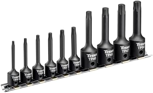 Titan 49008 10-Piece Impact Torx Plus Bit Socket Set, Sizes TP10 thru TP50, S2 and 6150 Alloy Steel, Extra-long Design for Greater Reach and Access, Metal Storage Rail