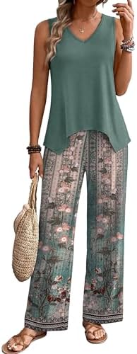 WIHOLL Two Piece Sets for Women Dressy Lounge Sets Summer Outfits Cruise Travel Beach Vacation Casual Wide Leg Pants Set