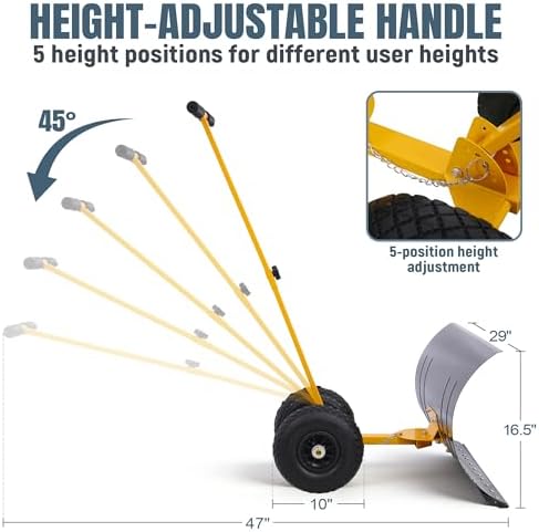 29" Push Snow Shovel with Wheels for Driveway, Heavy Duty Adjustable Angle Wheeled Snow Pusher Shovel, Metal Rolling Snow Pusher, Snow Plow Shovel on Wheels for Snow Removable