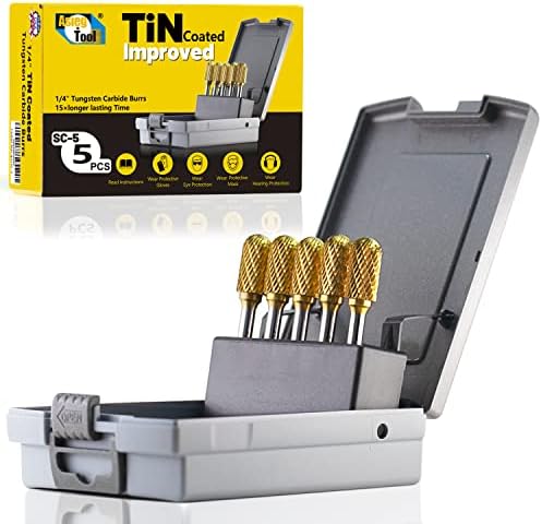 SC-5 5pcs Tungsten Carbide Burr TiN Rotary File Cylindrical Shape with Radius End Double Cut with 1/4''Shank for Die Grinder Drill Bit