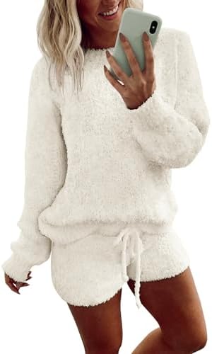 Ekouaer Fuzzy Fleece Pajamas 2 Piece Warm Soft Lounge Set Long Sleeve Sweater Top and Shorts Loungewear Outfits Sweatsuits