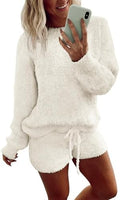 Ekouaer Fuzzy Fleece Pajamas 2 Piece Warm Soft Lounge Set Long Sleeve Sweater Top and Shorts Loungewear Outfits Sweatsuits