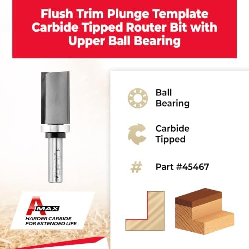 Amana Tool 45467 Carbide Tipped Flush Trim Plunge Template Router Bit 1 Inch Dia x 1-3/4 x 1/2 Shank with Upper Ball Bearing