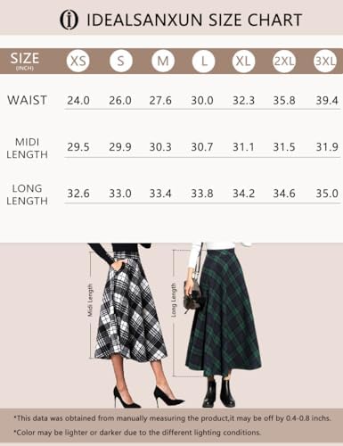 IDEALSANXUN Womens Plaid Wool Skirts Elastic Waist A-Line Pleated Tartan Long Skirts