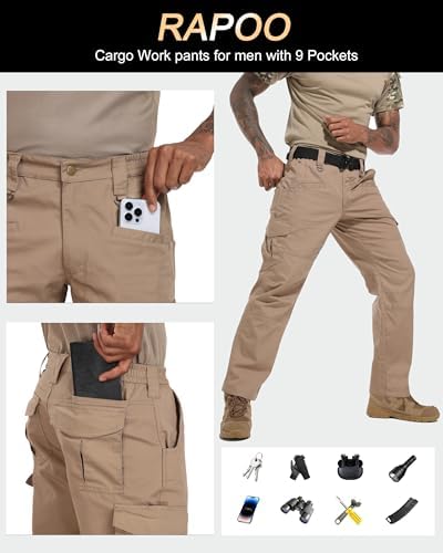 Rapoo Men's Ripstop Cargo Pants Work Pants EDC with 9 Pockets Hiking Pants