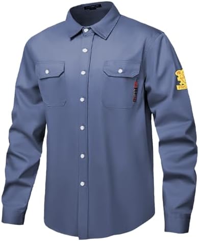 FR Shirts for Men 7oz Hi Vis Fire Resistant Shirts CAT2 Welding Shirt 100% Cotton Flame Resistant Shirt Light Blue(Large)