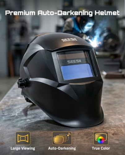SEESII Auto Darkening Welding Helmet with Welding Gloves - 1/1/1/1 True Color Welding Hood, Blue Light Blocking, High-Impact Welder Mask, 13-Inch Heat Resistant Full Protection for TIG MIG ARC GRIND
