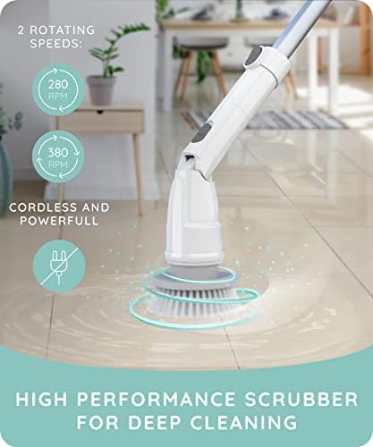 JULY HOME Electric Spin Scrubber with Adjustable Extension Shower Scrubber Brush, Cordless Automatic Power Scrubber for Shower, Cleaner for Tile, Floor, Long Handle & 3 Brush (Packaging May Vary)