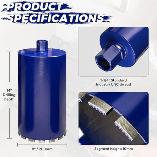 8 Inch Core Drill Bit for Concrete with Rebar - 14" Depth, 1-1/4"-7 UNC, Wet Coring, Upgraded Welded Teeth for Brick, Block, Masonry, Stucco, Alsphalt - Great Core Drill for DIY & Pros
