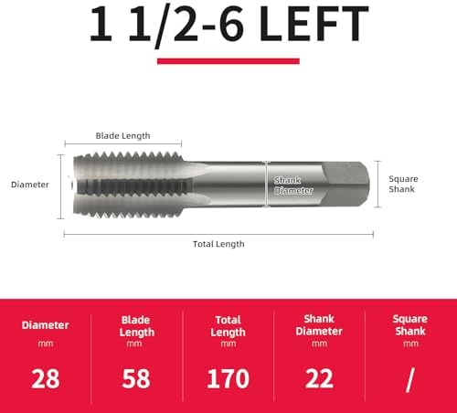 1 1/2-6 Left Hand Straight Flute Thread Tap Machine Tap HSS (High Speed Steel) Threading Tapping Repair Tools DRINYOUNG (1 1/2-6 Left)
